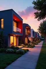 Dusk illuminates a row of colorful modern homes, lush landscaping enhances the scene , evening, neighborhood, real estate