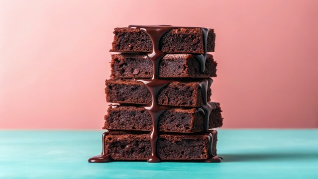 entertainment food pastel concept. Layered chocolate brownies stacked artistically against a colorful background.