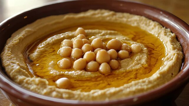 Fresh steaming chickpea paste or hummus with olive oil