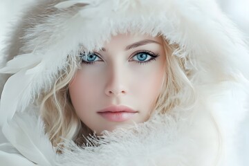 A beautiful woman with blonde hair and blue eyes, wearing an elegant white fur coat with feathers on the hood. She is looking at the camera in soft focus, Generative AI 