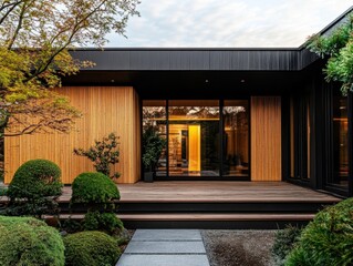 Modern home exterior features a wooden facade and landscaping