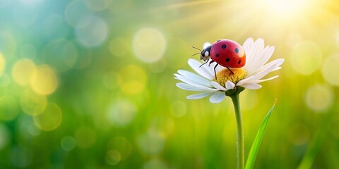 Naklejka premium A ladybug delicately perched atop a pristine white daisy, bathed in the warm glow of sunlight filtering through a vibrant green meadow, creating a serene and idyllic springtime scene.