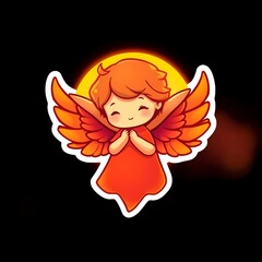 Cute angel sticker with wings on dark background, dreamy and emotional atmosphere.