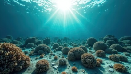 Obraz premium Underwater coral reef affected by bleaching with sunlight streaming through 