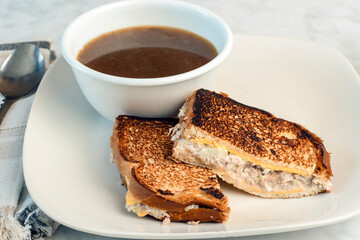 french onion soup with  tuna melt sandwich