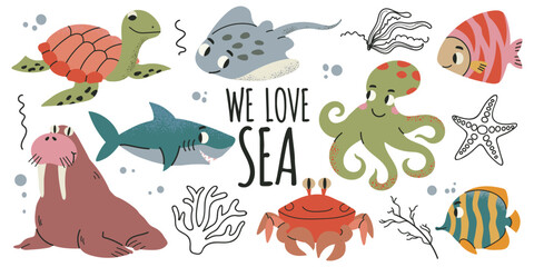 Collection set of sea and ocean underwater animals and seaweeds. Cute little shark, crab, stingray, turtle, octopus, warlus and fishesB