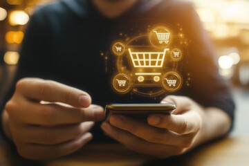 Online Shopping: A person interacts with their smartphone to access a network of shopping carts, representing the ease and accessibility of e-commerce in the digital age.
