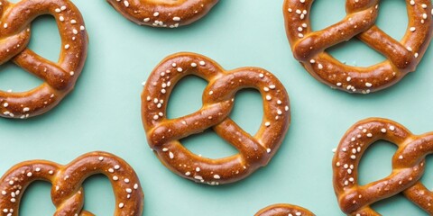 entertainment food pastel concept. Soft pretzels arranged on a pastel background, showcasing a delicious snack experience.