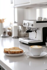 Latte and toast on kitchen counter