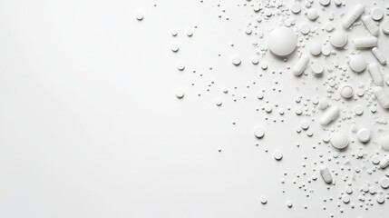 White Pills and Capsules Scattered on White Background