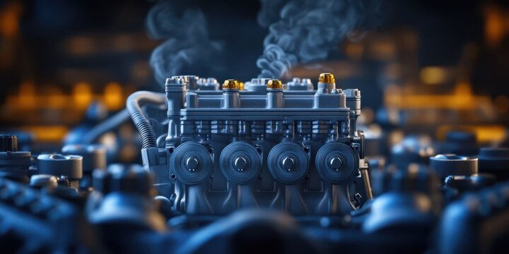 A compact engine rests on the floor of a modest room, showcasing its intricate design and mechanical components in a simple setting.