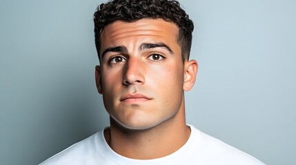 Obraz premium Closeup Portrait Young Man Serious Expression White T-Shirt