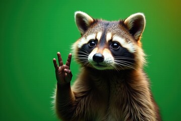 Obraz premium Cheeky raccoon in green shades, rock hand gesture , pose, sunglasses, hand
