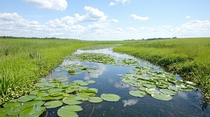 Naklejka premium Green water lily pads float on a calm stream winding through a lush grassy wetland under a blue sky.