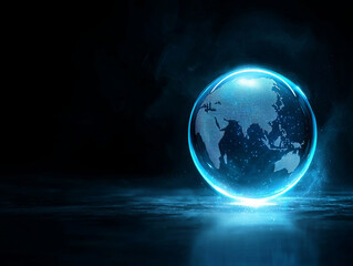 glowing holographic globe representing Earth with dark background, symbolizing technology and connectivity