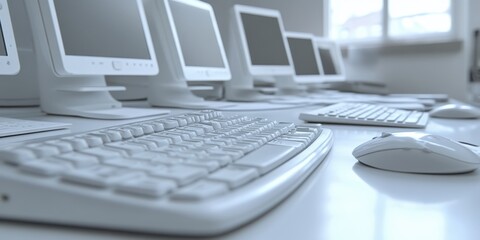 A modern workspace featuring an array of computer screens and keyboards arranged neatly on a desk, emphasizing technology and productivity.