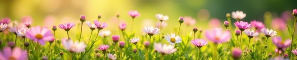 Expansive meadow, carpet of pink and white daisies, sunny day , background, landscape, day