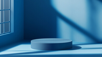 Round luxury podium with illumination, blue background. Scene with empty space concept poster. AI...