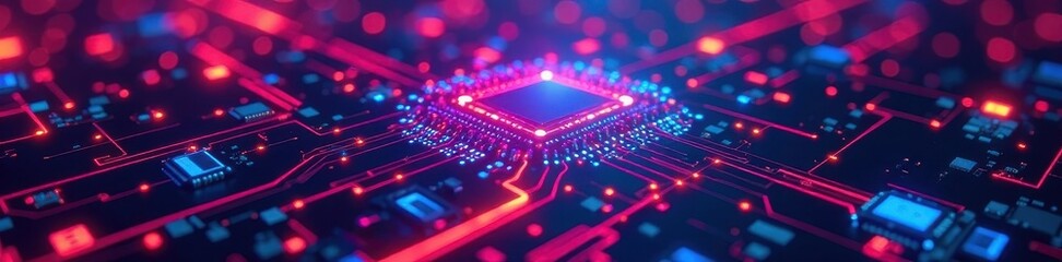 Obraz premium Intricate digital circuitry, vibrant neon hues, abstract backdrop , technology, modern