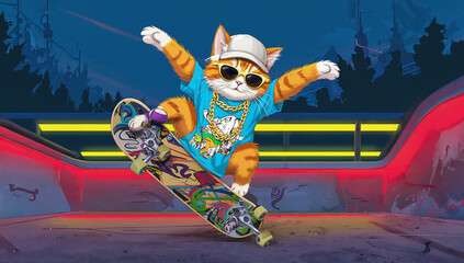 Skater cat in action with his skateboard
