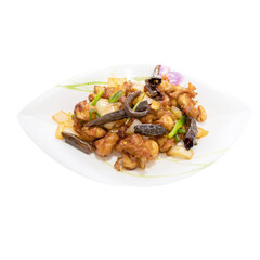 Thai food, Stir-Fried Chicken with Cashew Nuts, sweet sauce and chili dish on a white plate isolated transparent background