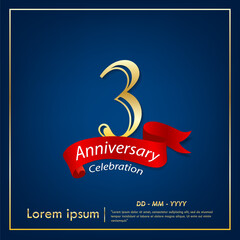 3rd years anniversary celebration emblem. elegant golden anniversary logo isolated with red ribbon on dark blue background. vector illustration template design for celebration greeting card