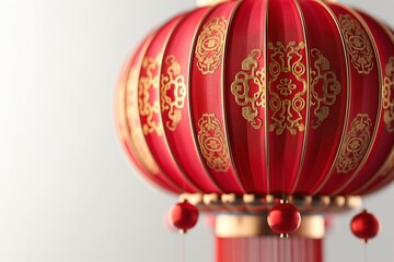 A close-up of a vibrant red Chinese lantern adorned with intricate gold patterns, evoking a festive atmosphere.