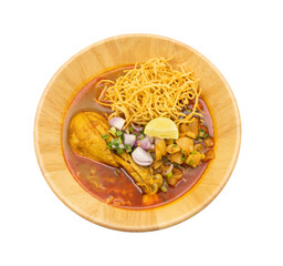 KhaoSoi, Curry Noddle Soup with chicken, Thai traditional food, Northern style and lemon isolated transparent background
