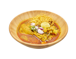 KhaoSoi, Curry Noddle Soup with chicken, Thai traditional food, Northern style and lemon isolated transparent background