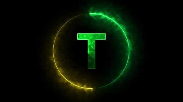 Abstract Neon light orange T text Animation. Blue circle animation. Black background 4k video