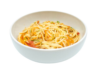 Som Tum Thai Bowl of Green papaya salad with shrimp, peanuts, lime, tomatoes Traditional Thai food in white bowl isolated transparent background