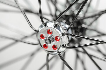 Close-up of a sleek chrome wheel hub with red accents, showcasing intricate metal spokes against a light background.
