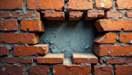 Jagged brick wall fracture, earthquake damage, collapse, fissure, old