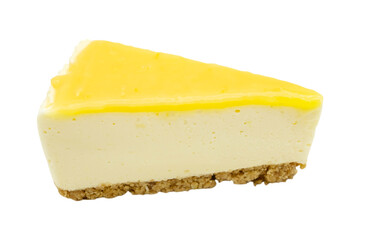 Delicious cheesecake slice with lemon topping isolated transparent background
