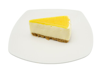 Delicious cheesecake slice with lemon topping isolated transparent background