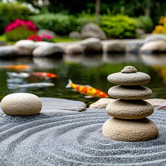 Beige Stones Stacked in a Zen Garden near Koi Pond