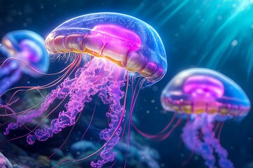 Bioluminescent Jellyfish in Dark Blue Ocean Digital Art