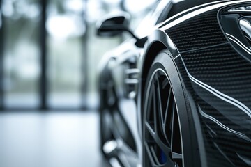 Close-up view of a sleek, black sports car showcasing its stylish wheel and carbon fiber details.