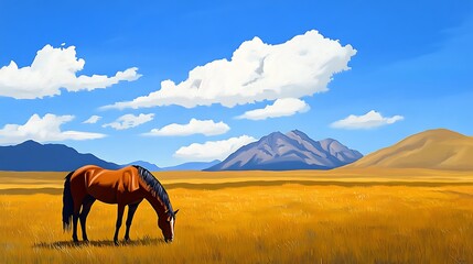 Brown Horse Grazing in Golden Field with Mountain Background