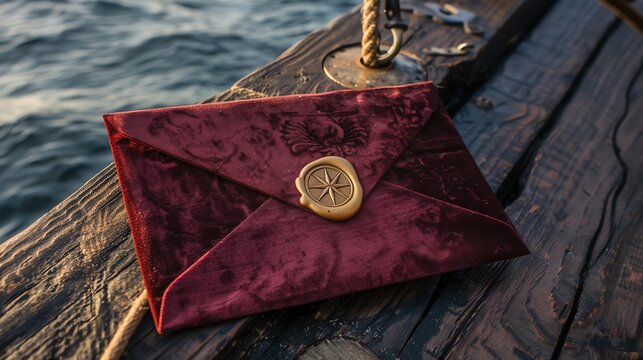 A red velvet envelope with a gold wax seal and a compass design, lying on weathered wood planks. - Powered by Adobe