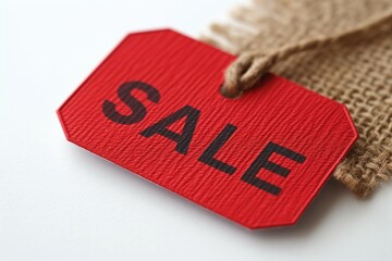 A close-up of a bold red sale tag attached to burlap, perfect for shopping promotions.