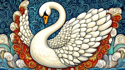 Elegant White Swan in Ornate Teal and Gold Pixel Art