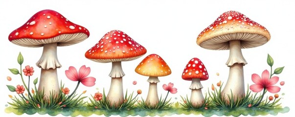 Delicate watercolor mushroom painting Diverse species, soft color blends , background, poster, print