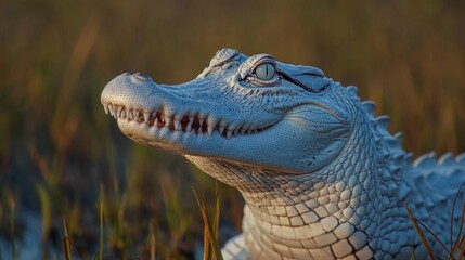 Close-up of leucistic alligator in natural habitat at sunset