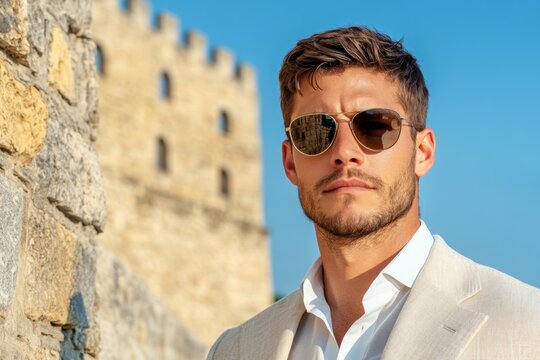 Handsome confident stylish hipster lambersexual modelSexy modern man dressed in elegant beige suit Fashion male posing in the street in city at sunset In sunglasses Near wall