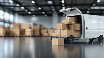 Delivery van stands with open door, revealing stacked boxes inside, set against a spacious warehouse backdrop
