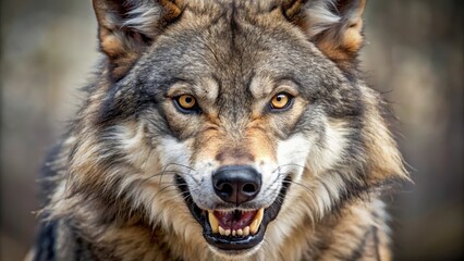 Obraz premium Wolf snarling at the camera, showing sharp teeth and fierce expression, with fur standing on end , predator