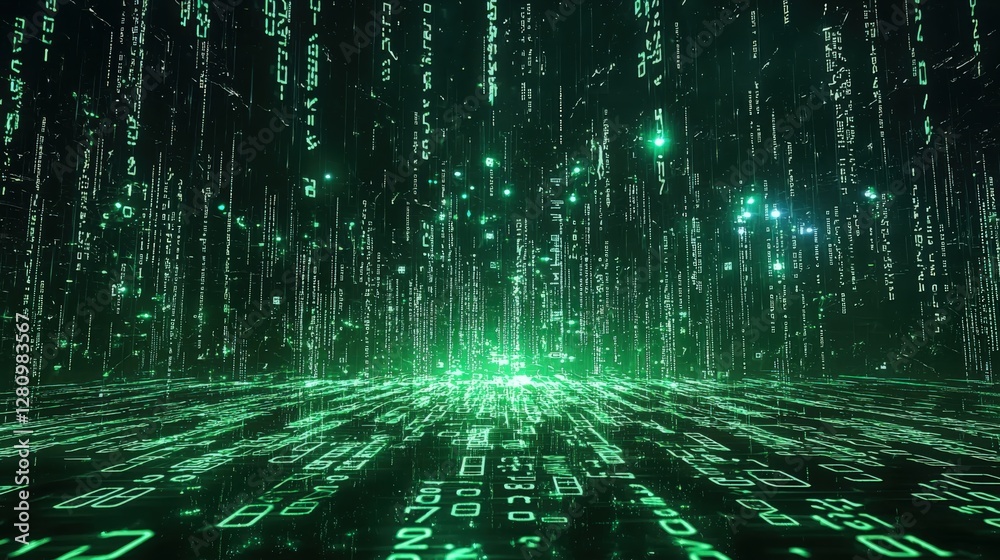 Wall mural glowing green digital binary rain code on a dark background, symbolizing data flow, technology, and 
