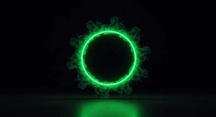 Glowing green neon circle with smoke effect on dark background. Mystic portal ring with light reflection. Futuristic energy loop for sci-fi design, gaming visuals and modern digital art