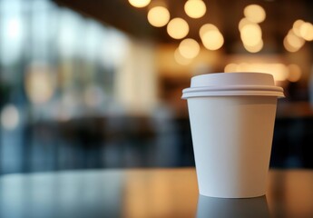Coffee Cup Delight: A simple yet elegant coffee cup sits on a table in a bright, blurred café, inviting thoughts of warm drinks and serene moments.